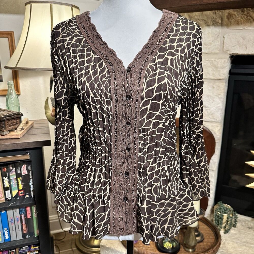 VTG 90s Y2K Piano Blouse M Animal Ruffle Button Crinkle Siren Giraffe Sexy